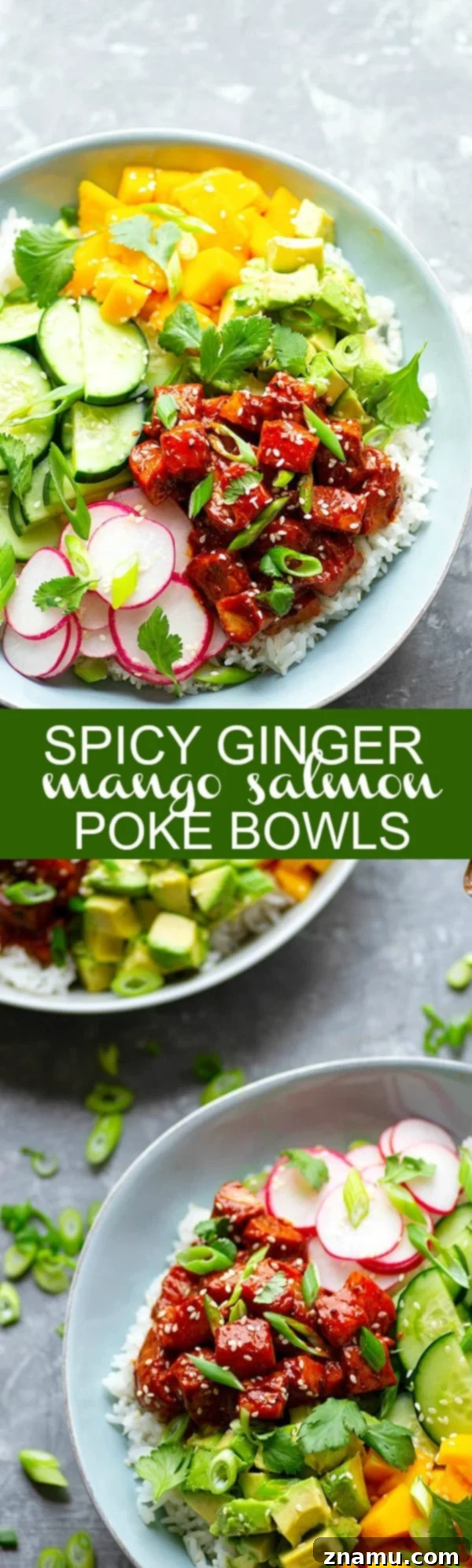 Overhead shot of two Spicy Ginger Mango Salmon Poke Bowls