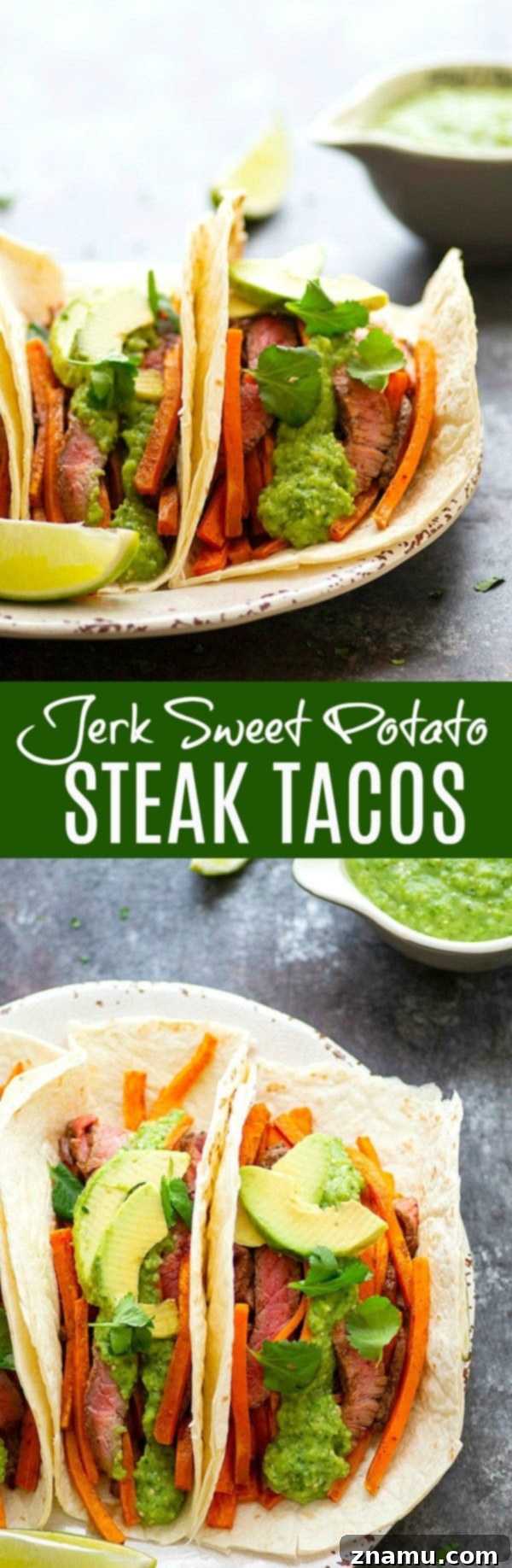 Jerk Sweet Potato Tacos with Zesty Avocado Tomatillo Salsa 6 Jerk Sweet Potato Steak Tacos - A stack of freshly made Jerk Sweet Potato Steak Tacos, generously topped with salsa verde, avocado slices, and fresh cilantro, ready to be enjoyed.