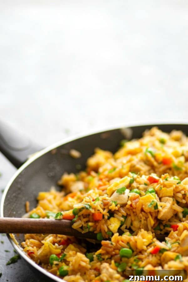 Herby Citrus Chicken Fried Rice 2 A vibrant bowl of Cilantro Lime Chicken Fried Rice with juicy chicken pieces, colorful vegetables, and fluffy rice, garnished with fresh cilantro.