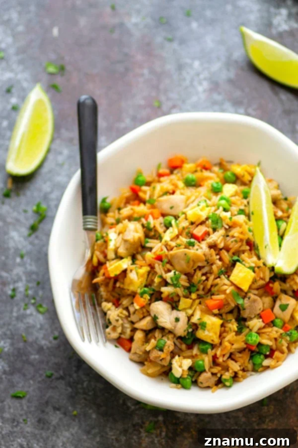 Herby Citrus Chicken Fried Rice 3 Close-up shot of Cilantro Lime Chicken Fried Rice showcasing the texture of the rice, seared chicken, and vibrant greens.
