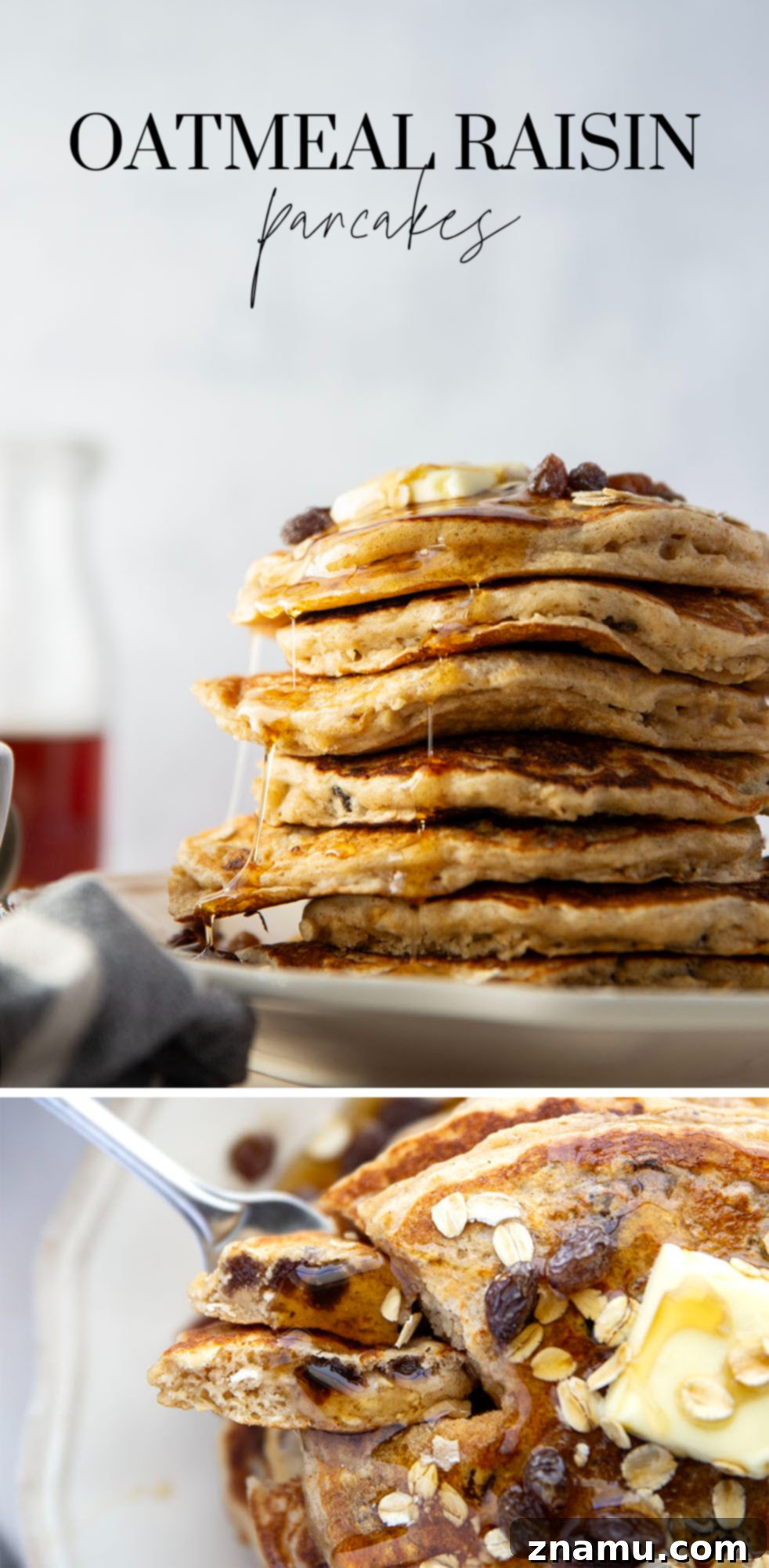 Wholesome Oat and Raisin Pancakes 7 A beautifully styled flat lay of oatmeal raisin pancakes with butter and maple syrup, surrounded by fresh oats and raisins.