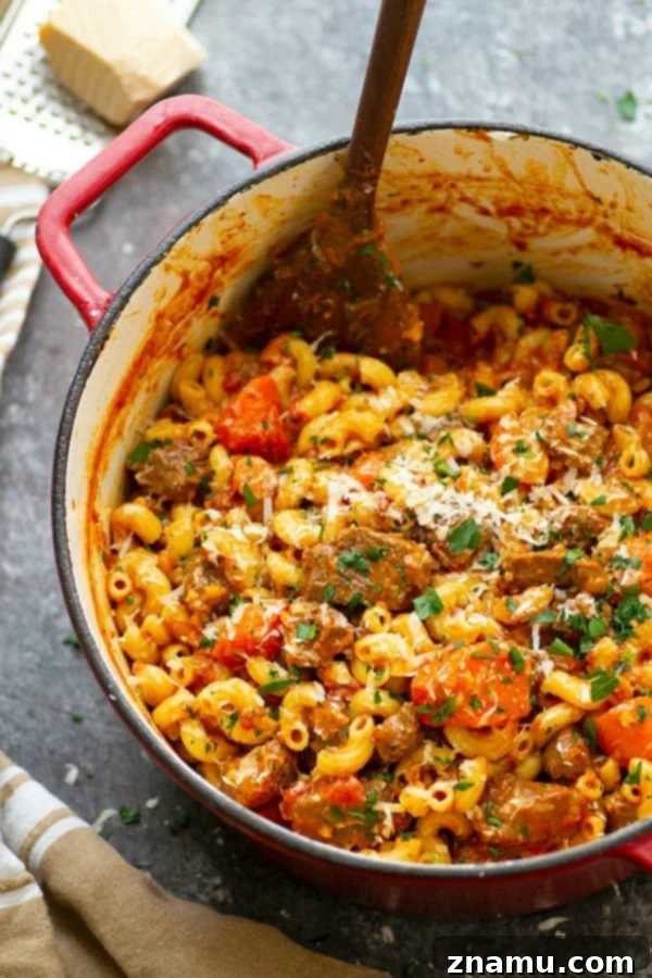Soul-Satisfying One-Pot Beef Goulash 2 Rich and savory one-pot beef goulash, brimming with tender chuck steak, vegetables, and pasta in a paprika-infused sauce, ready for a comforting weeknight meal.