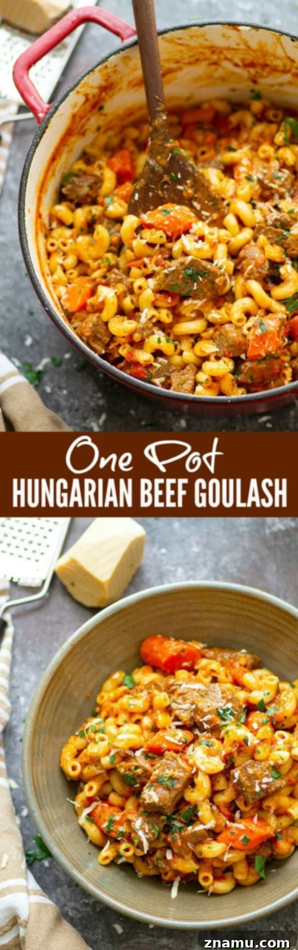 Soul-Satisfying One-Pot Beef Goulash 6 Overhead view of a large pot of bubbling one-pot beef goulash, filled with succulent meat, vegetables, and pasta, ready to be served.