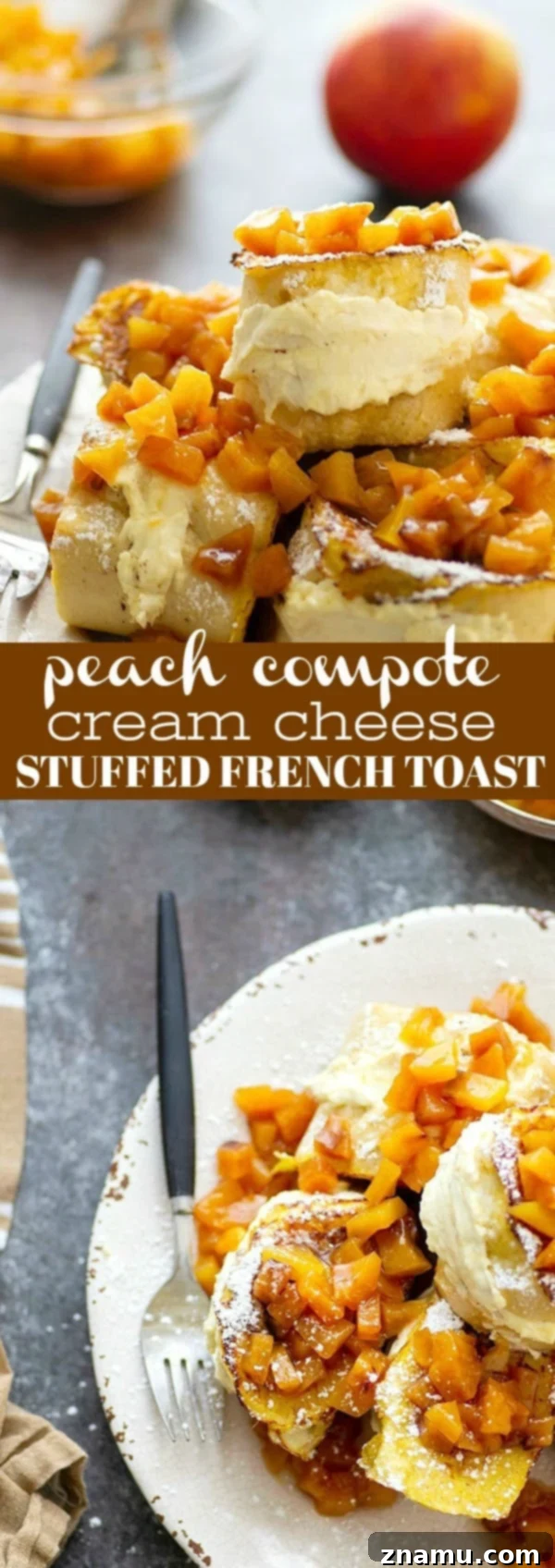 Peaches and Cream Cheese Stuffed French Toast 6 Stuffed with a tangy cream cheese filling and topped with a sweet peach compote, this stuffed french toast is a stunner for any brunch and on the table in minutes!