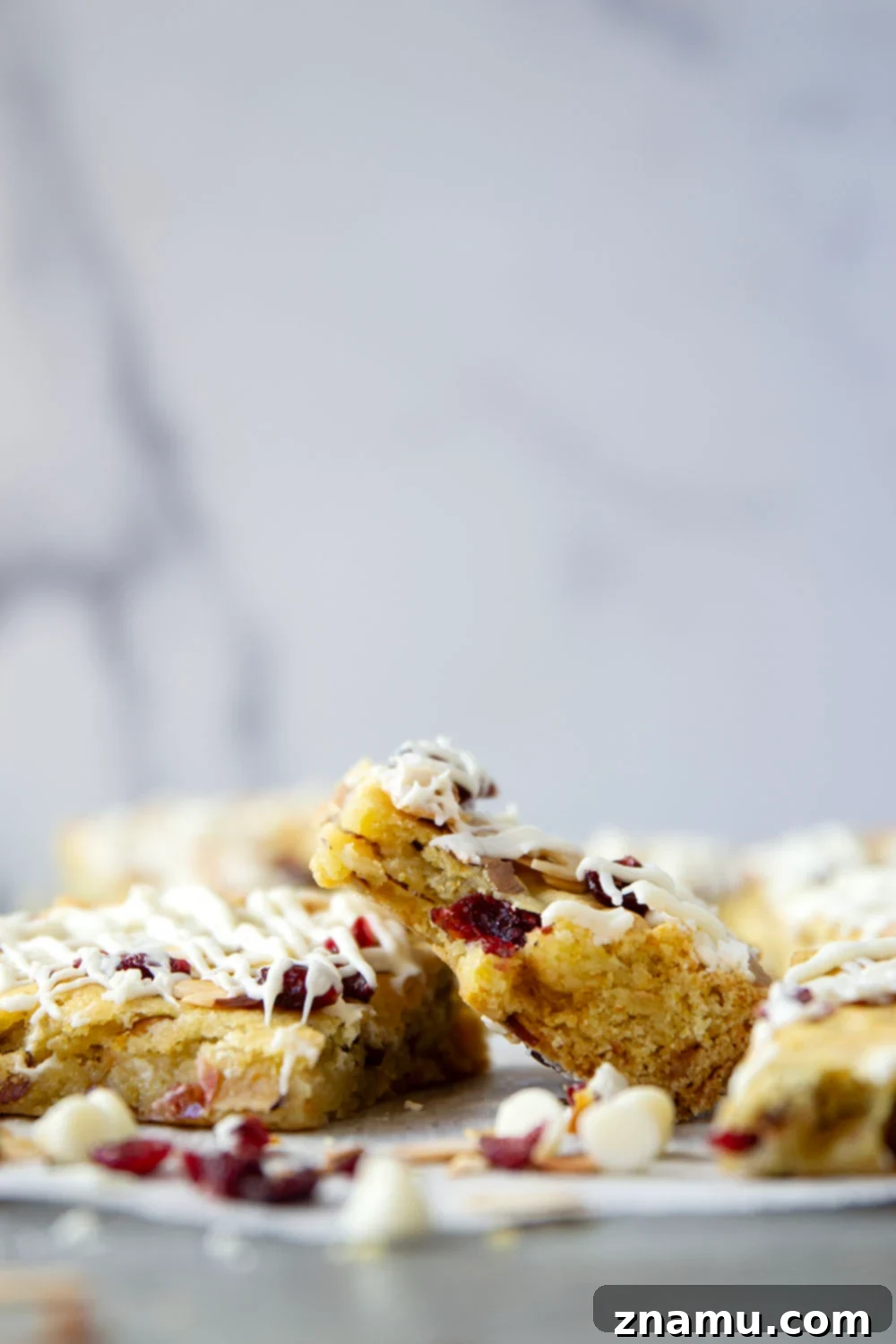 Buttery Cranberry Almond Bars 5 Ingredients for cranberry almond bars laid out on a table, including butter, sugar, flour, cranberries, and almonds.