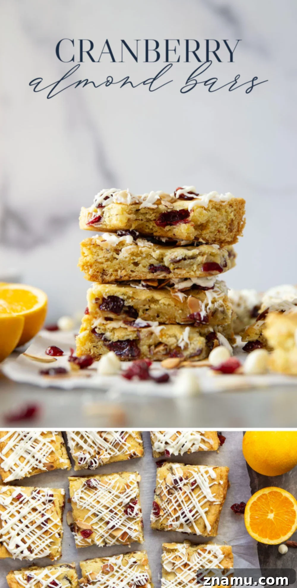 Buttery Cranberry Almond Bars 7 Overhead shot of several cranberry almond bars on a white plate, highlighting their texture and toppings.