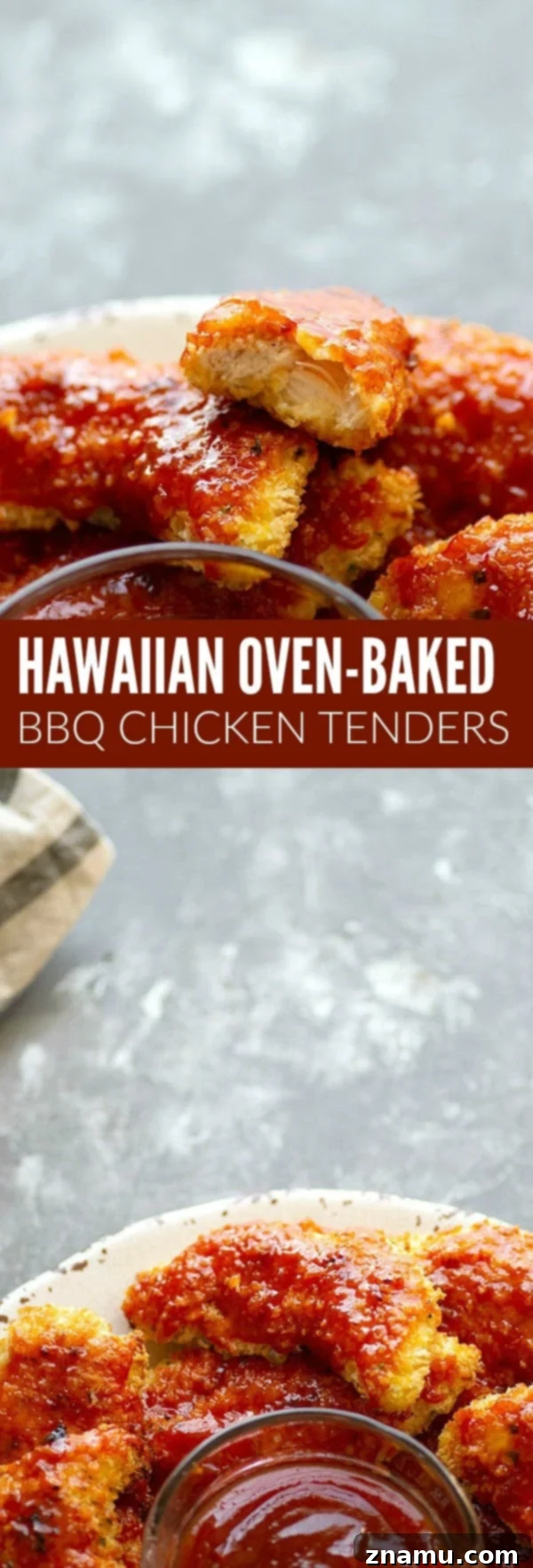 Hawaiian Baked BBQ Chicken Strips 6 Super crispy and coated in a sweet pineapple barbecue sauce, these Hawaiian-style oven baked BBQ chicken tenders will become an instant weeknight dinner hit!