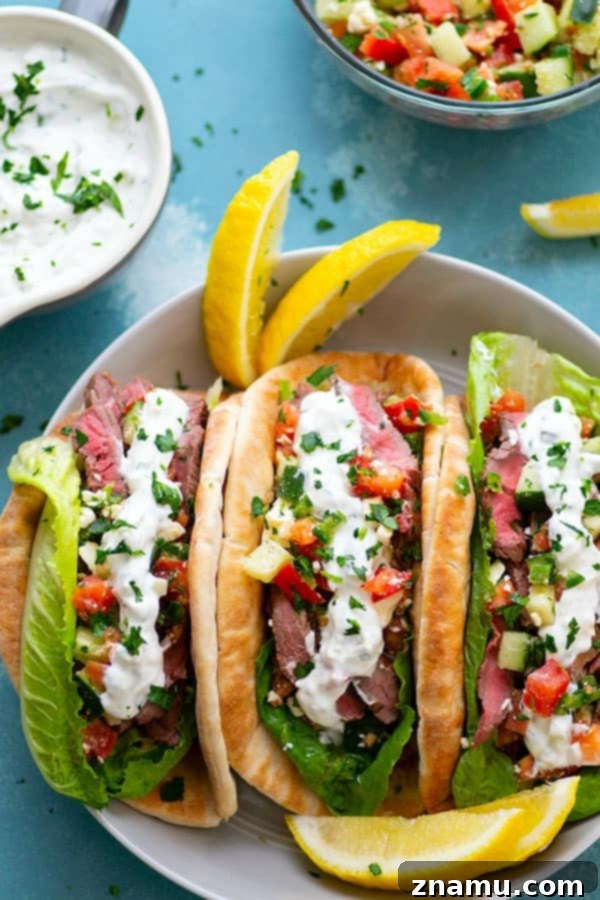 Savory Grilled Steak Gyros with Bright Feta-Cucumber Salsa and Cool Tzatziki 4 Preparing ingredients for homemade tzatziki sauce and cucumber feta salsa