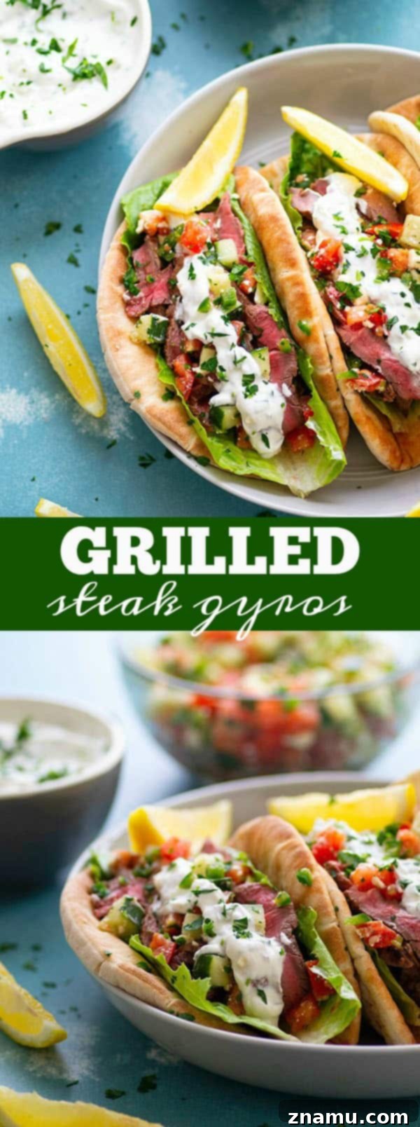 Savory Grilled Steak Gyros with Bright Feta-Cucumber Salsa and Cool Tzatziki 6 Platter of freshly assembled grilled steak gyros with lemon wedges