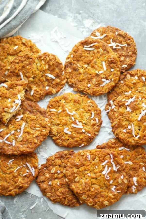 Classic Anzac Biscuits - crisp and chewy cookies with flaked coconut and oats.