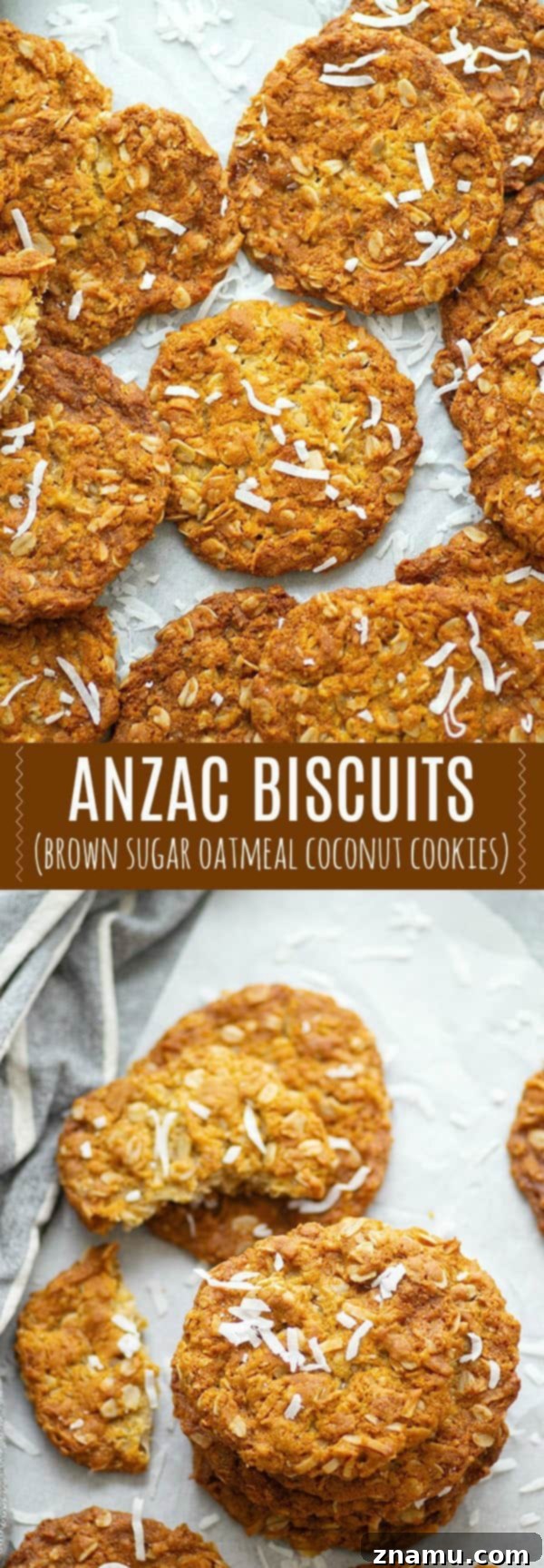 A stack of Anzac Biscuits with one broken to show the texture.