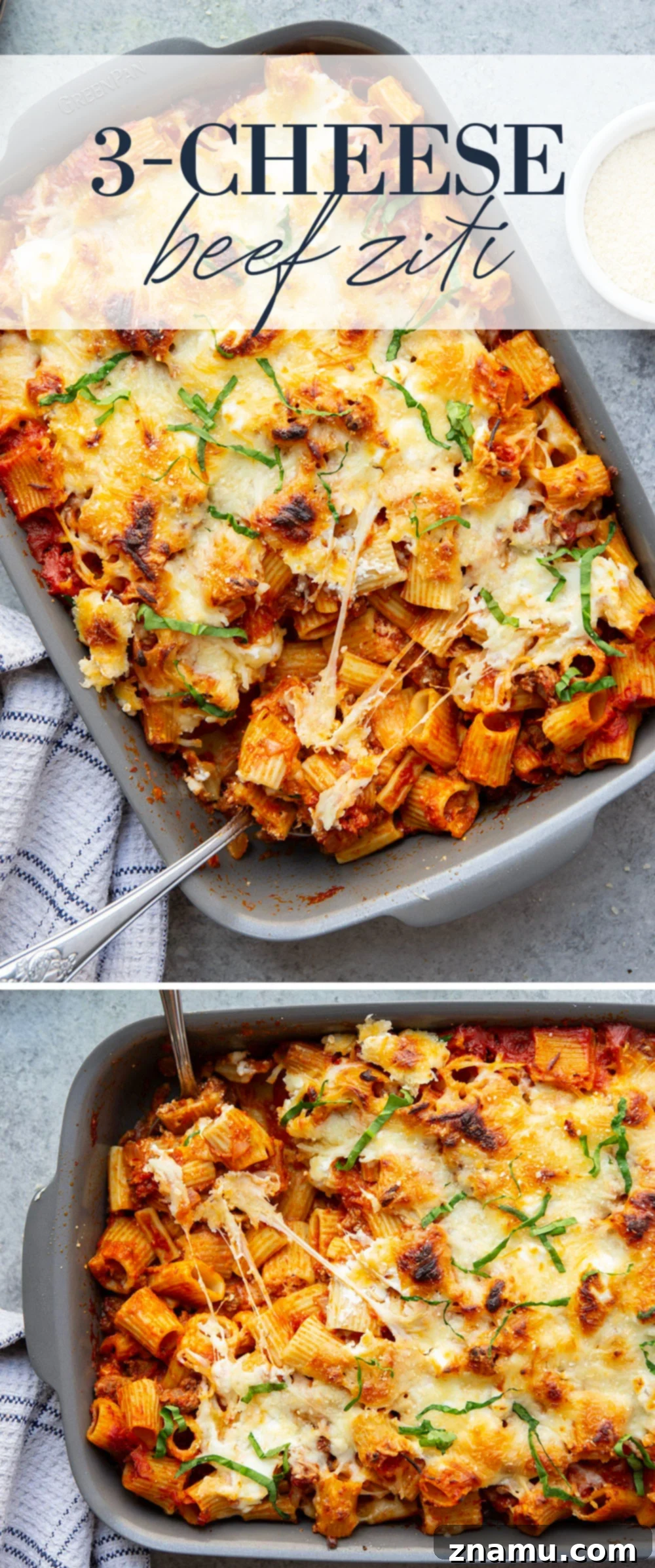 Ultimate Three-Cheese Beef Ziti 7 Baked in layers of 3 kinds of cheese and lots of hearty beef marinara sauce, this 3-cheese beef ziti is an easy weeknight dinner and everyone's favorite comfort food!