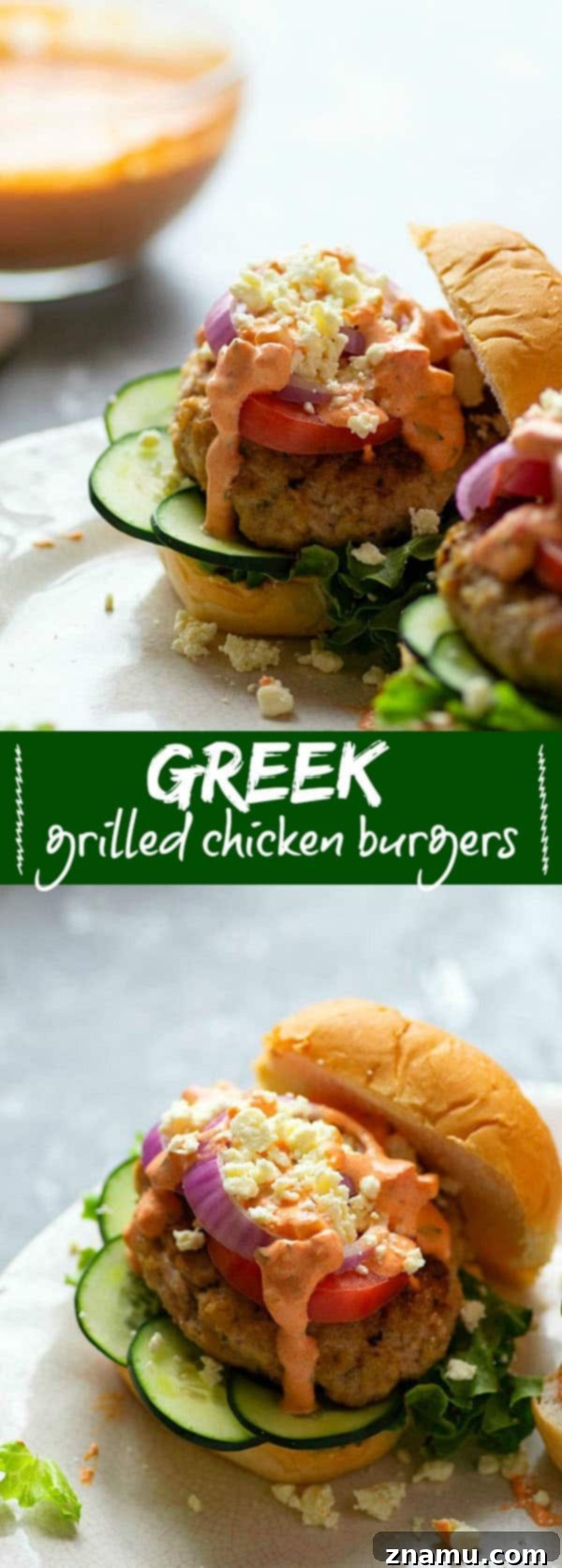 Mediterranean Chicken Burgers with Smoky Red Pepper Tzatziki 6 Grilled chicken burgers are piled high with fresh Greek toppings and a creamy red roasted red pepper tzatziki sauce for an incredibly flavorful Greek twist on burgers!