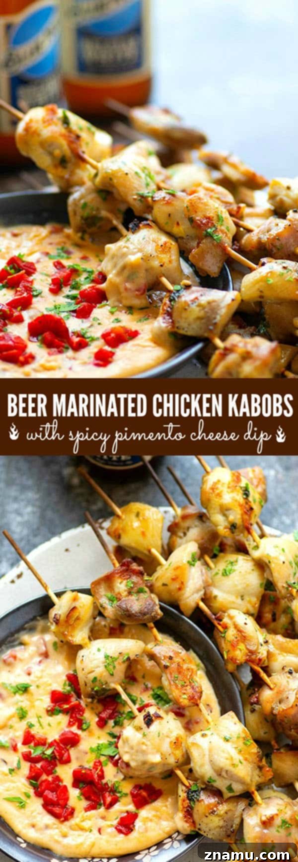 Bira Terbiyeli Tavuk Şişleri, Acı Pimento Peynir Sosu Eşliğinde 6 Incredibly juicy and flavorful beer marinated chicken kabobs are quick to throw on the grill for any cookout! Paired with a spicy pimento cheese dip, these chicken kabobs will quickly become a cookout staple.