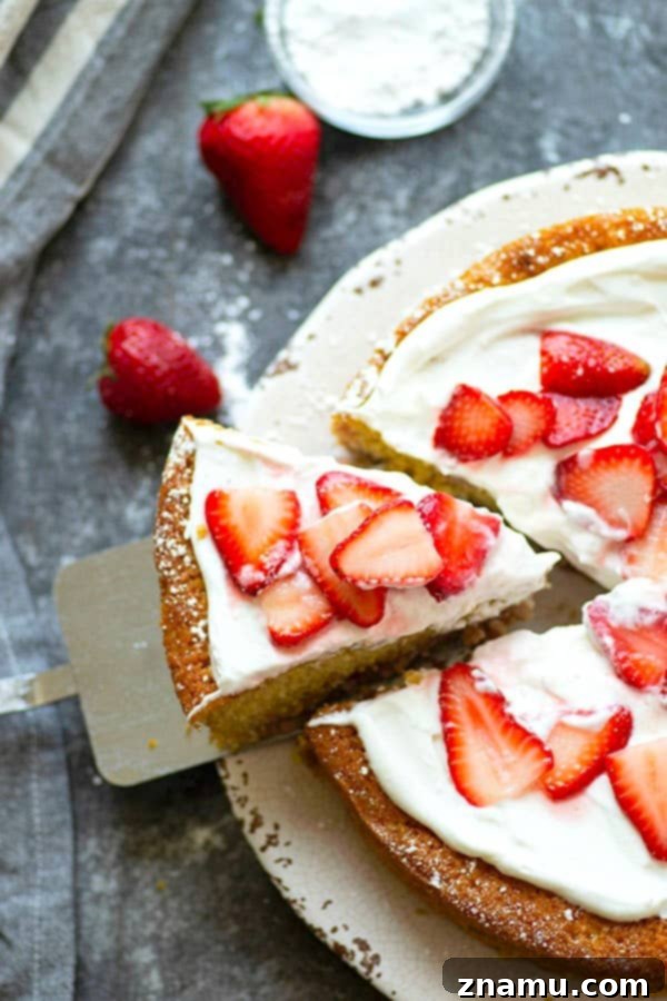 Nutty Butter Strawberry Cornmeal Cake 5 Slice of Browned Butter Strawberry Cornmeal Cake with fresh toppings