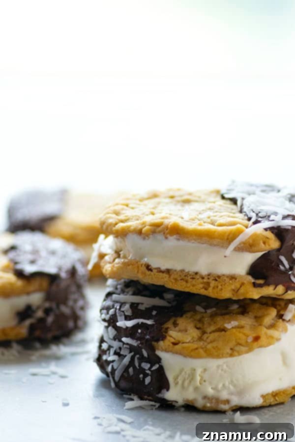 Decadent Chocolate Coconut Peanut Butter Ice Cream Treats 2 Homemade chocolate-dipped coconut peanut butter ice cream sandwiches with creamy vanilla ice cream filling