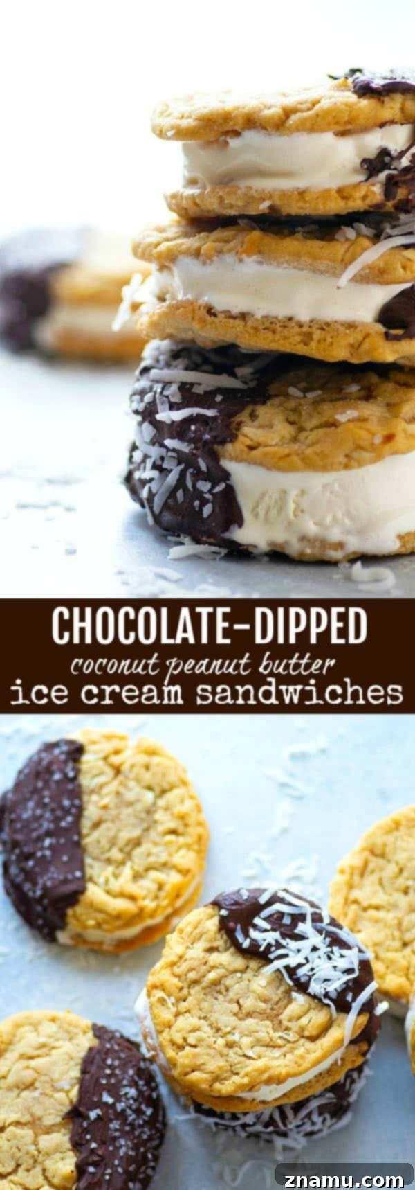 Decadent Chocolate Coconut Peanut Butter Ice Cream Treats 6 Stack of chocolate-dipped coconut peanut butter ice cream sandwiches