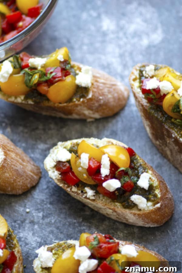 Sun-Kissed Pepper Pesto & Creamy Chèvre Crostini 3 Tender roasted red peppers coupled with flavorful pesto and creamy goat cheese are an incredible flavor trio in this goat cheese bruschetta that's super impressive, incredibly easy, and perfect for entertaining!