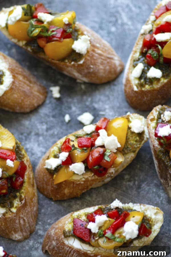 Sun-Kissed Pepper Pesto & Creamy Chèvre Crostini 5 Tender roasted red peppers coupled with flavorful pesto and creamy goat cheese are an incredible flavor trio in this goat cheese bruschetta that's super impressive, incredibly easy, and perfect for entertaining!