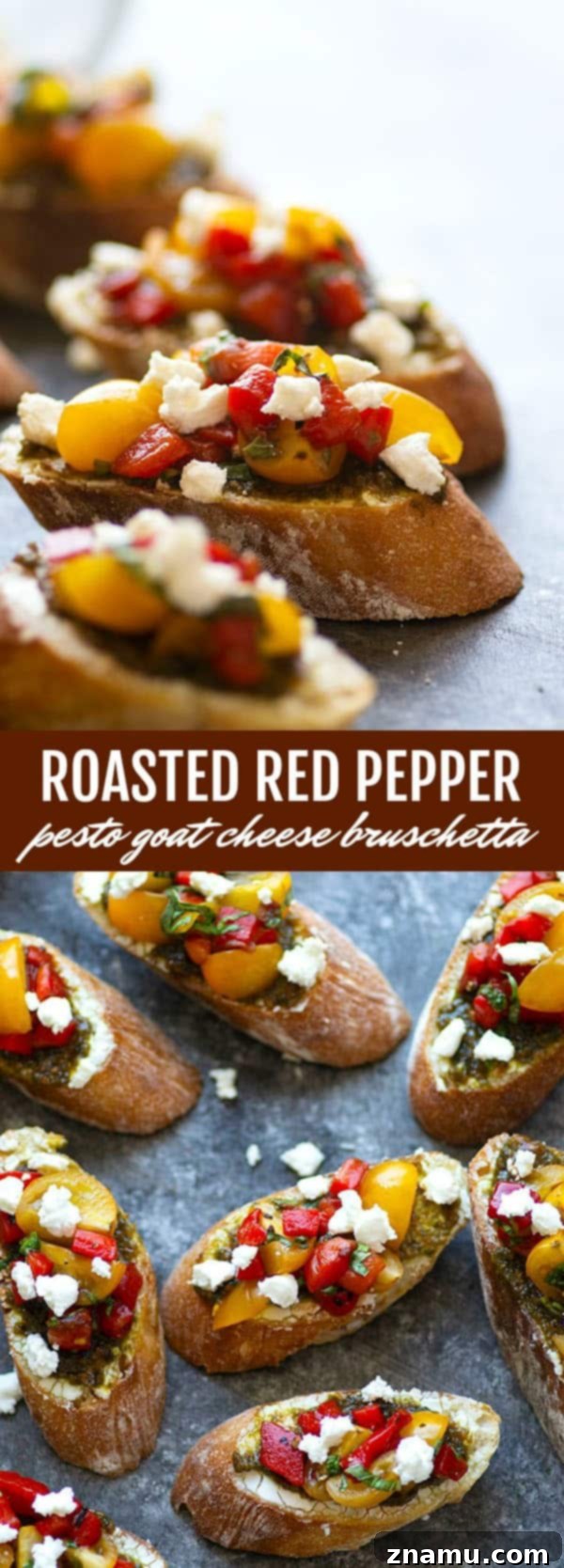 Sun-Kissed Pepper Pesto & Creamy Chèvre Crostini 6 Tender roasted red peppers coupled with flavorful pesto and creamy goat cheese are an incredible flavor trio in this goat cheese bruschetta that's super impressive, incredibly easy, and perfect for entertaining!
