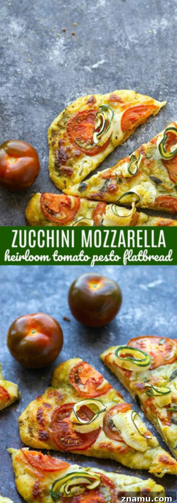 Mediterranean Heirloom Tomato Flatbread with Zucchini, Pesto, and Mozzarella 6 Tender zucchini, flavorful pesto, and juicy summer heirloom tomatoes make for the perfect summer-style pesto flatbread!