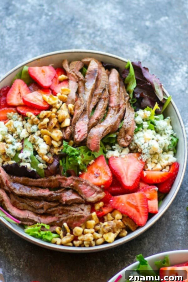 Balsamic Bleu Steak & Strawberry Harmony 3 Loaded with juicy grilled steak strips, sweet strawberries, a tangy balsamic dressing, and plenty of bleu cheese, this grilled steak strawberry salad is the perfect lighter meal to make the most of strawberry season!
