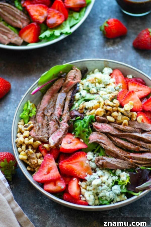 Balsamic Bleu Steak & Strawberry Harmony 4 Loaded with juicy grilled steak strips, sweet strawberries, a tangy balsamic dressing, and plenty of bleu cheese, this grilled steak strawberry salad is the perfect lighter meal to make the most of strawberry season!