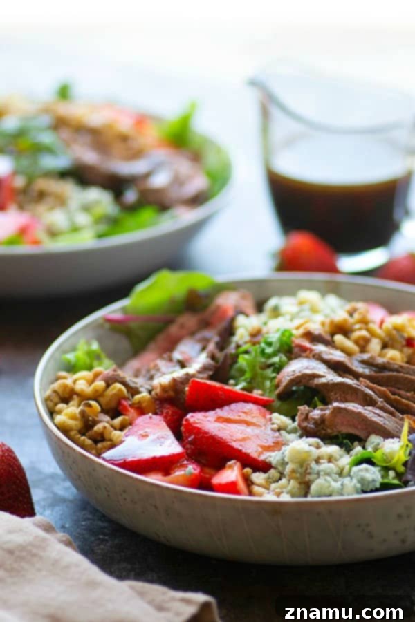 Balsamic Bleu Steak & Strawberry Harmony 5 Loaded with juicy grilled steak strips, sweet strawberries, a tangy balsamic dressing, and plenty of bleu cheese, this grilled steak strawberry salad is the perfect lighter meal to make the most of strawberry season!