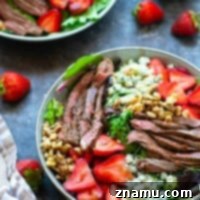 Loaded with juicy grilled steak strips, sweet strawberries, a tangy balsamic dressing, and plenty of bleu cheese, this grilled steak strawberry salad is the perfect lighter meal to make the most of strawberry season!