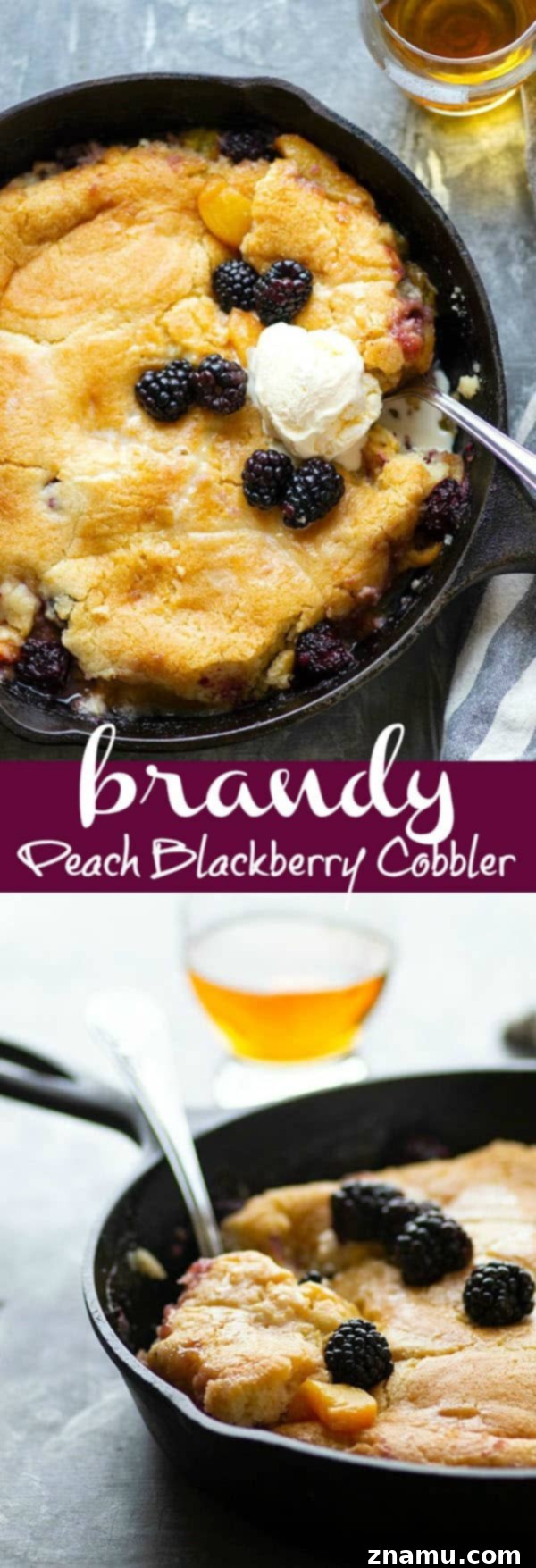 Brandied Peach & Blackberry Cobbler 6 Classic peach blackberry cobbler is the ultimate dessert ode to summer! Flavorful brandy is tossed in the fruit filling with even more brushed on top hot from oven. Serve this beautiful cobbler with plenty of vanilla ice cream!