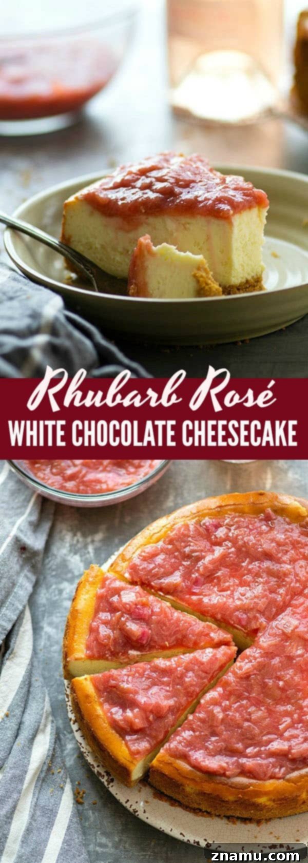 White Chocolate Rosé Rhubarb Serenade 6 A stunning top-down view of the whole Rhubarb Rosé White Chocolate Cheesecake, generously covered with its pink sauce and garnished with fresh mint, presented on a rustic wooden board.