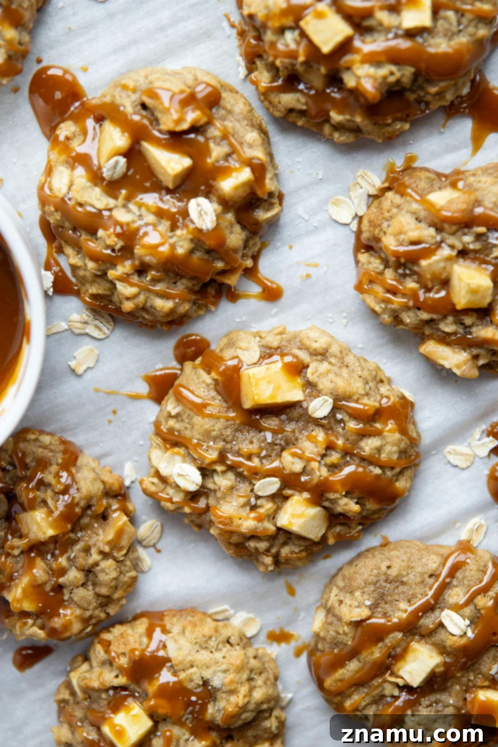 Salted Caramel Apple Oatmeal Cookies 6 Caramel Apple Oatmeal Cookies with warm, gooey caramel