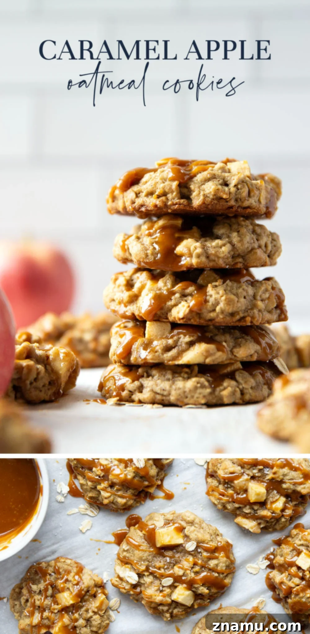 Salted Caramel Apple Oatmeal Cookies 7 Delicious caramel apple oatmeal cookies with a bite taken out, showing inner texture