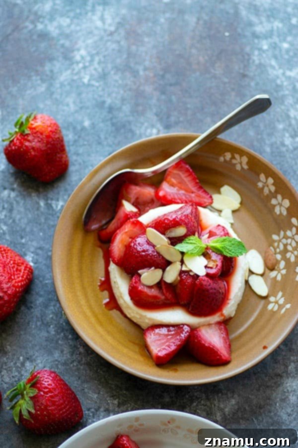 Velvety Greek Yogurt Panna Cotta with Honey-Kissed Strawberries 3 Silky greek yogurt panna cotta is piled high with juicy honey roasted strawberries for a luxurious no-bake summer dessert!
