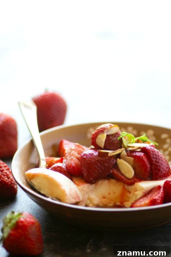 Velvety Greek Yogurt Panna Cotta with Honey-Kissed Strawberries 5 Silky greek yogurt panna cotta is piled high with juicy honey roasted strawberries for a luxurious no-bake summer dessert!