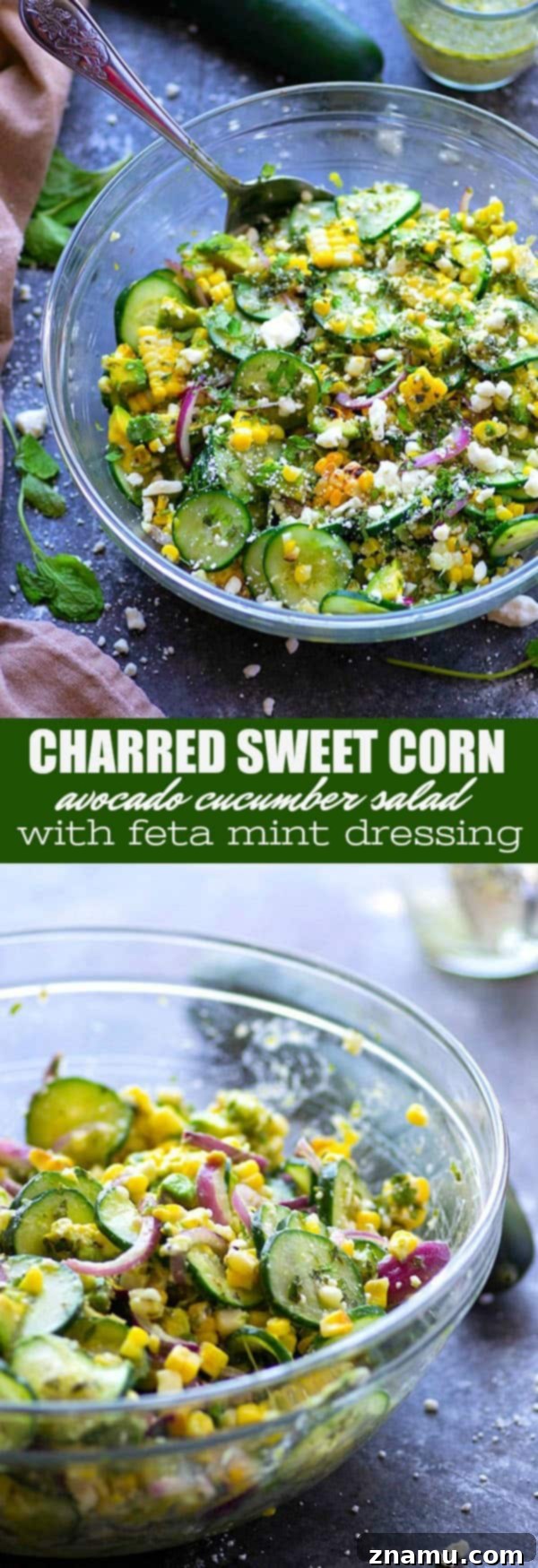 Charred sweet corn, silky avocado, and crisp cucumbers are tossed in a flavorful feta mint dressing for the most incredible summer twist on cucumber salad!