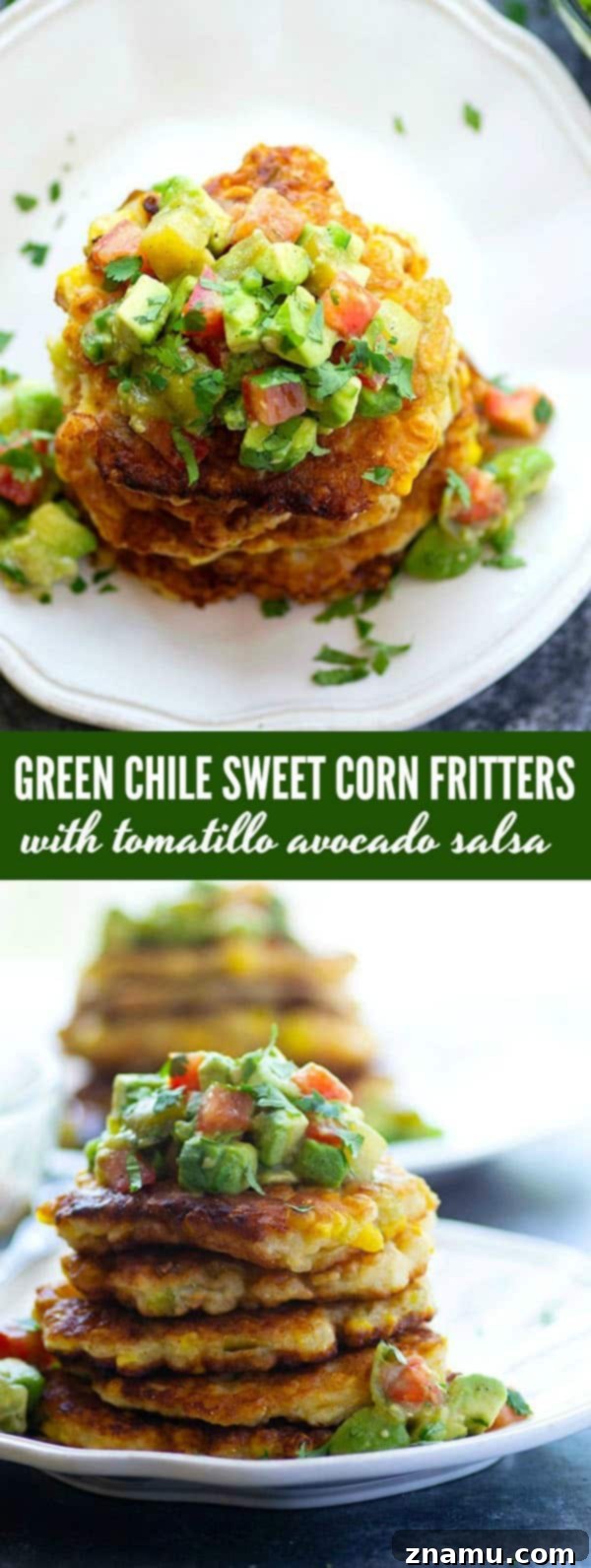 Spicy Sweet Corn Fritters with Tangy Tomatillo Avocado Salsa 6 Perfectly crispy and golden sweet corn fritters are spiced up with roasted green chiles and an incredibly flavorful tomatillo avocado salsa piled on top!