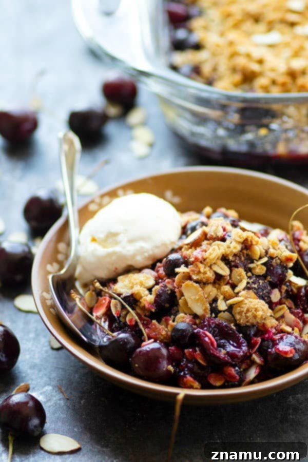 Rich browned butter and crunchy almonds elevate this blueberry cherry crisp. Serve warm with vanilla ice cream for a delightful summer dessert.