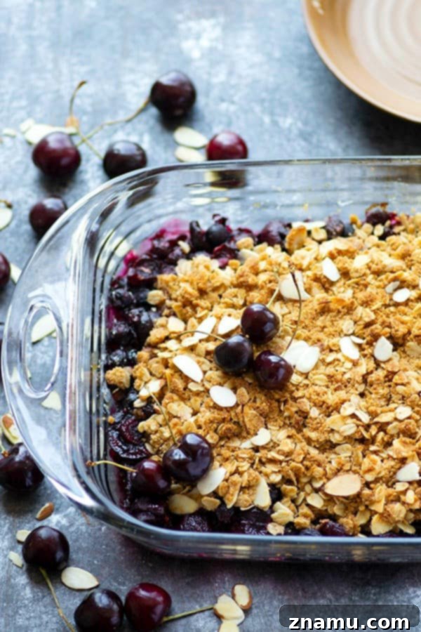 A pan of pure summer gold: luscious blueberry cherry crisp topped with browned butter streusel, ready for vanilla ice cream.