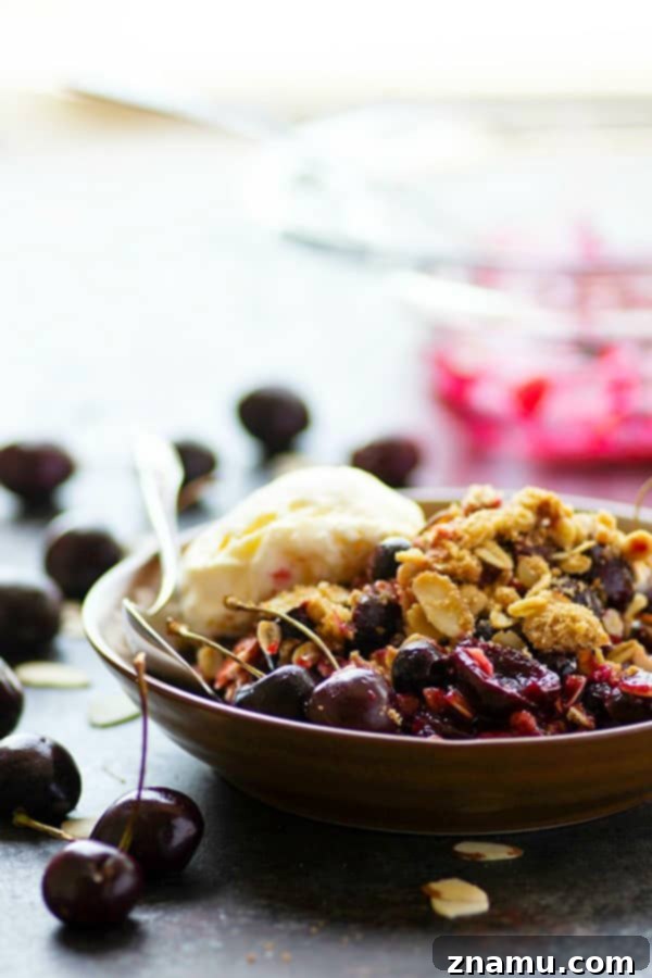 Close-up of a delectable blueberry cherry crisp, showcasing the bubbly fruit filling and golden-brown streusel topping.