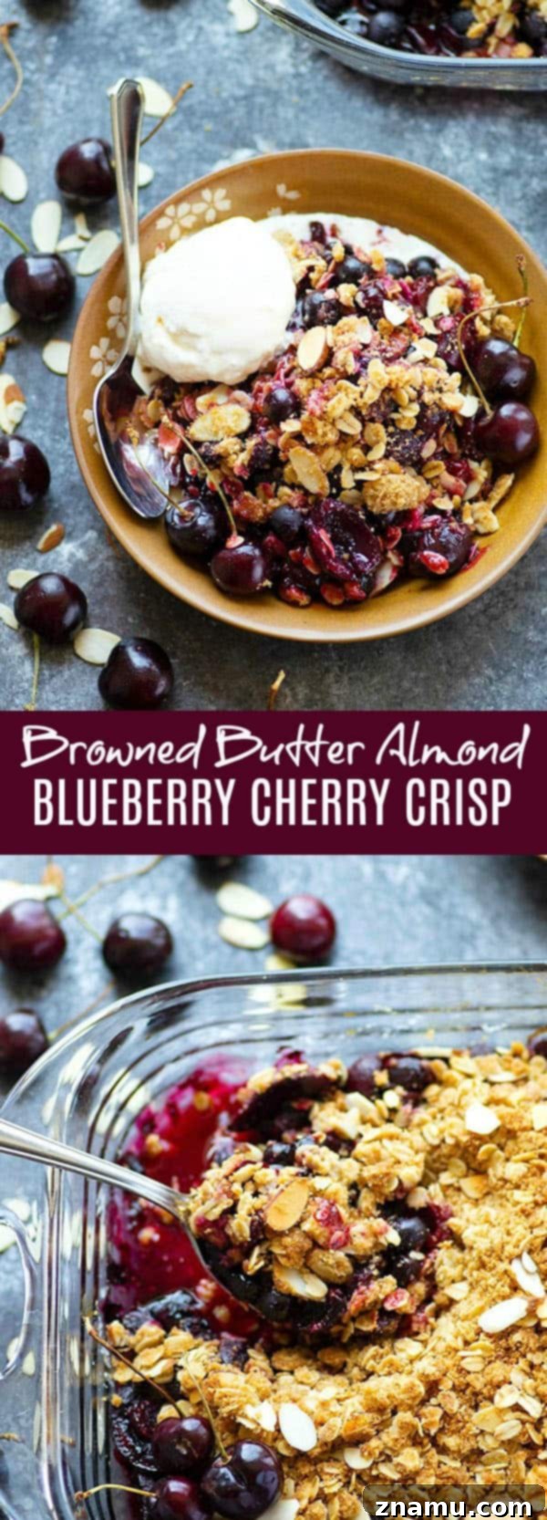 Indulgent serving of blueberry cherry crisp with generous scoops of melting vanilla ice cream, the ultimate summer delight.