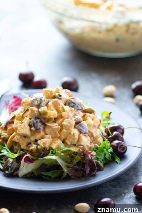 Curried Greek Yogurt Chicken Salad with Cherries and Pistachios 2 A vibrant bowl of Greek Yogurt Curry Chicken Salad, showcasing tender chicken, bright red cherries, and green pistachios, all coated in a creamy golden dressing.