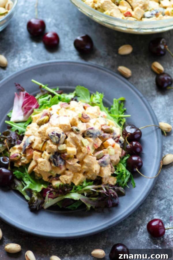 Curried Greek Yogurt Chicken Salad with Cherries and Pistachios 5 A serving of Greek Yogurt Curry Chicken Salad on a fresh green lettuce leaf, ready to be eaten, showcasing the colorful ingredients.
