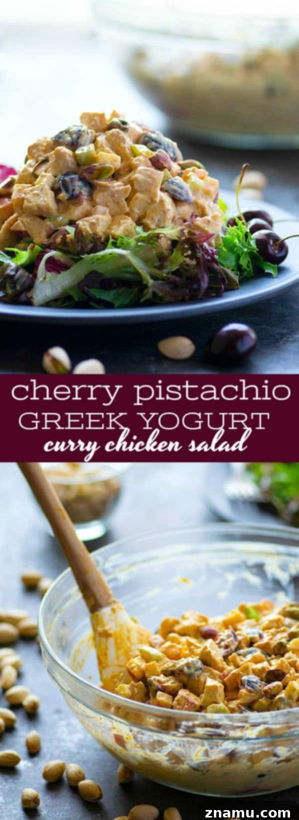 Curried Greek Yogurt Chicken Salad with Cherries and Pistachios 6 A visually appealing shot of the cherry pistachio Greek yogurt curry chicken salad, showing a larger portion in a bowl, ready for sharing or a generous meal.
