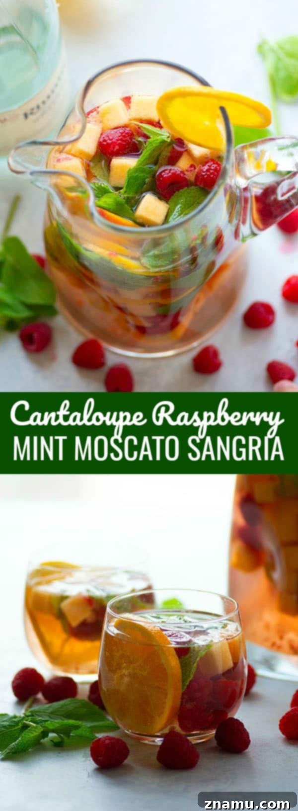 Refreshing Cantaloupe Raspberry Mint Moscato Sangria 6 Sweet moscato sangria is livened up with the addition of fresh cantaloupe, tangy raspberries, and refreshing mint leaves.