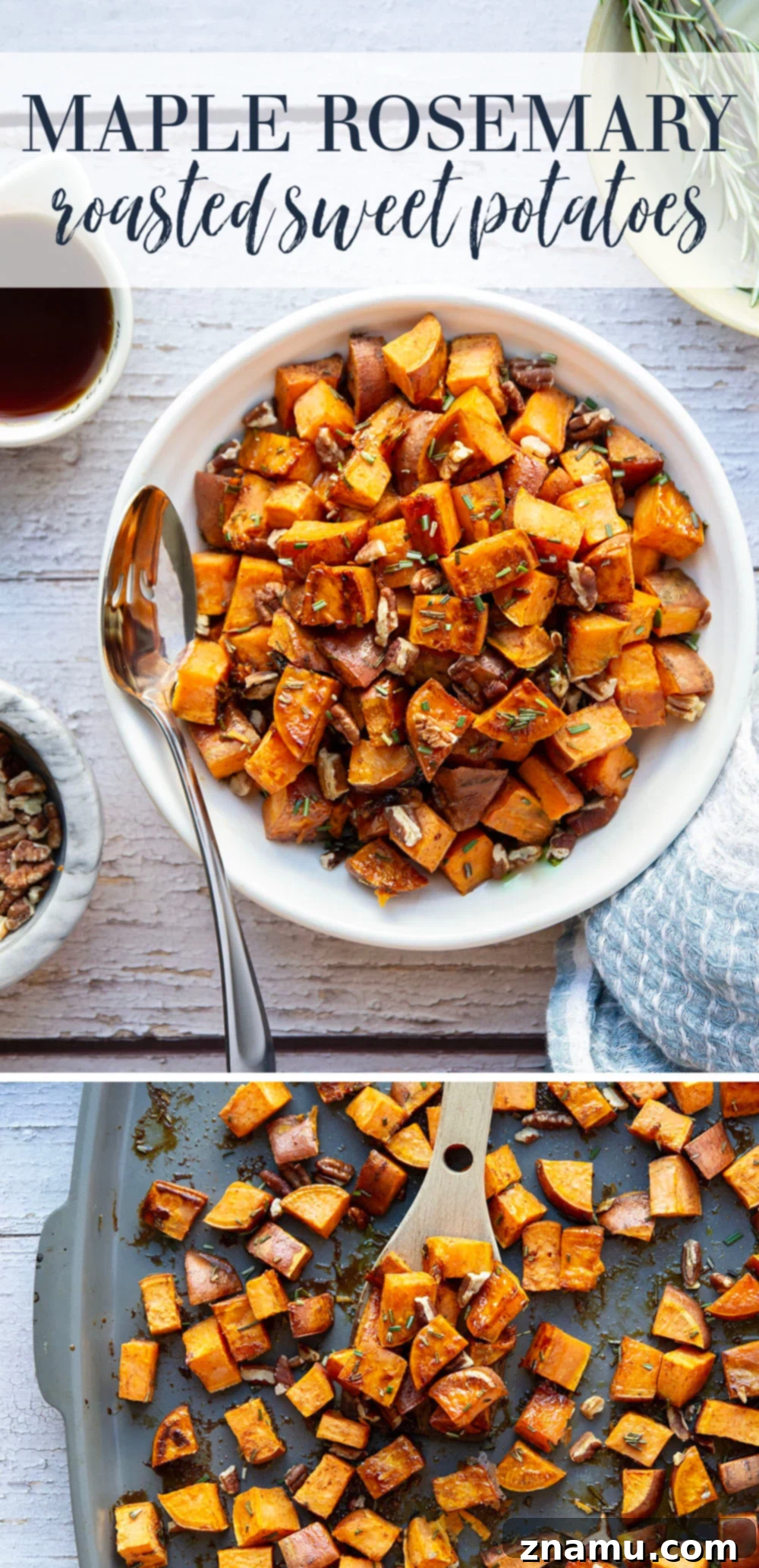Roasted Sweet Potatoes with Maple and Rosemary 7 Overhead shot of maple rosemary roasted sweet potatoes garnished with fresh herbs and a scattering of pecans.
