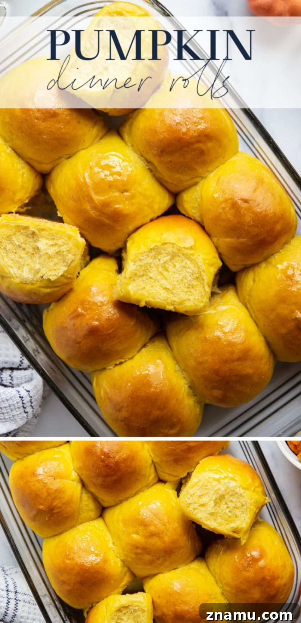 Warm Spiced Pumpkin Rolls 7 Platter of golden, fluffy pumpkin dinner rolls, ready to be served at a festive fall dinner