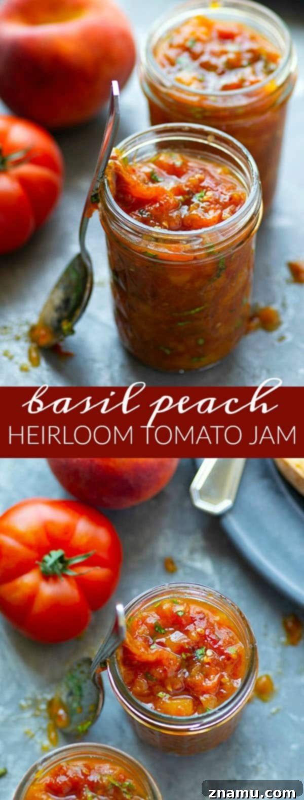 Basil Peach Heirloom Tomato Jam 6 Fresh basil and juicy sweet peaches add the perfect summer touch to this heirloom tomato jam! Wonderful spread on a toasted baguette and an incredible condiment for a charcuterie board.