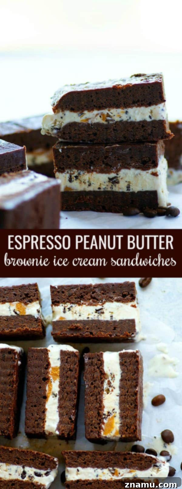 Decadent Espresso Peanut Butter Brownie Ice Cream Sandwiches 6 Several brownie ice cream sandwiches individually wrapped in plastic, ready for freezer storage.