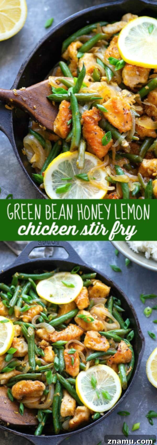 Honey Lemon Chicken Stir Fry with Green Beans 6 Bright and flavorful lemon chicken stir fry is dressed up with a zingy honey lemon sauce and tons of tender green beans for a quick and healthy weeknight dinner!